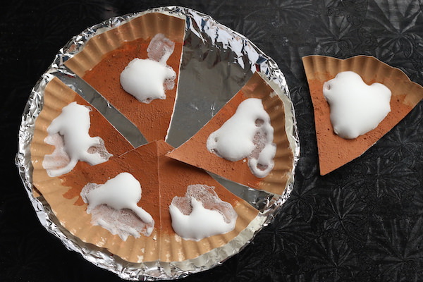 paper plate pumpkin pie shaving cream/glue whipped cream, one slice out of pan